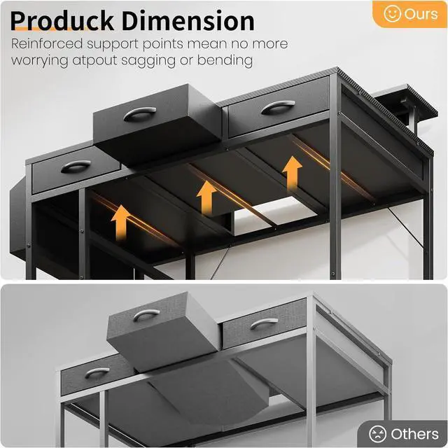 Alt view image 5 of 7 - Black Gaming Desk with LED Lights and Power Outlets, 47 Inch Computer Desk with 3 Drawers and Adjustable Monitor Stand, Home Office Desks with Charging Station USB Port, Study Writing Table