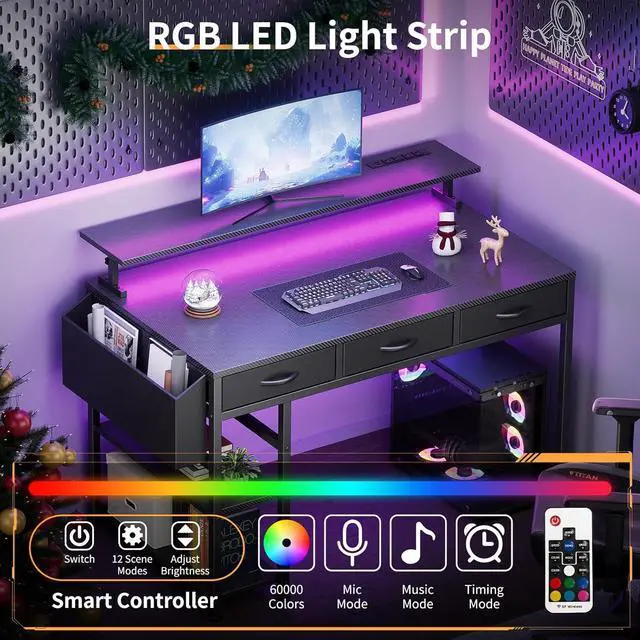 Alt view image 6 of 7 - Black Gaming Desk with LED Lights and Power Outlets, 47 Inch Computer Desk with 3 Drawers and Adjustable Monitor Stand, Home Office Desks with Charging Station USB Port, Study Writing Table