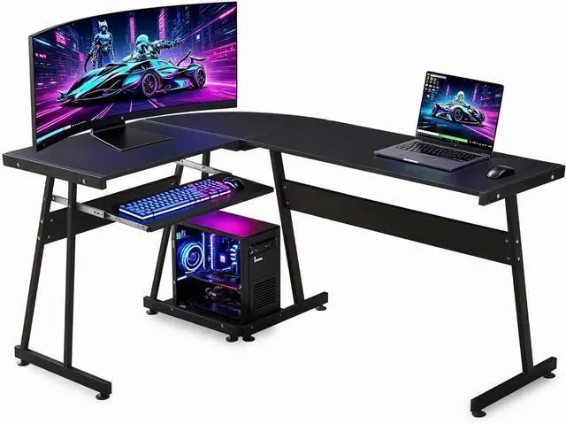 Main image of ivinta L-Shaped Desk with Keyboard Tray and CPU Stand, 58" Modern Reversible Corner Computer Desk for Small Spaces Living Room Bedroom Home Office, 7112 (Black)