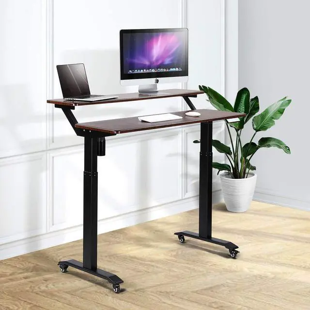 Alt view image 4 of 7 - UNICOO Electric Height Adjustable 2-Tier Raising Desk with Wheels, Mobile Standing Desk with Monitor Stand, Ergonomic Adjustable Computer Table, Electric Standing Game Table for Home Office