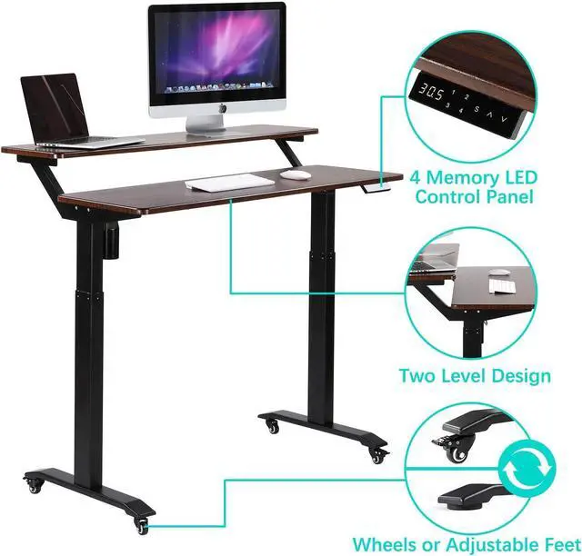 Alt view image 6 of 7 - UNICOO Electric Height Adjustable 2-Tier Raising Desk with Wheels, Mobile Standing Desk with Monitor Stand, Ergonomic Adjustable Computer Table, Electric Standing Game Table for Home Office