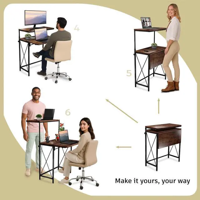 Alt view image 5 of 7 - Small Standing Desk, Height Adjustable Small Writing, Mini Desk, Home Office Desks, Work for Home Office, Folding Laptop Study Compact (Brown)