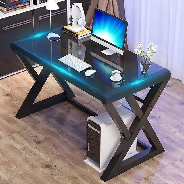 Main image of BINGTOO Computer Desk Glass Top Metal Frame, 55.1" Home Office Desks & Workstation Modern Office Writing Gaming Study Work Glass Computer Table Desk