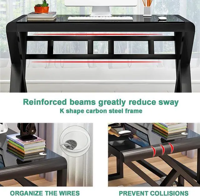 Alt view image 4 of 7 - BINGTOO Computer Desk Glass Top Metal Frame, 55.1" Home Office Desks & Workstation Modern Office Writing Gaming Study Work Glass Computer Table Desk