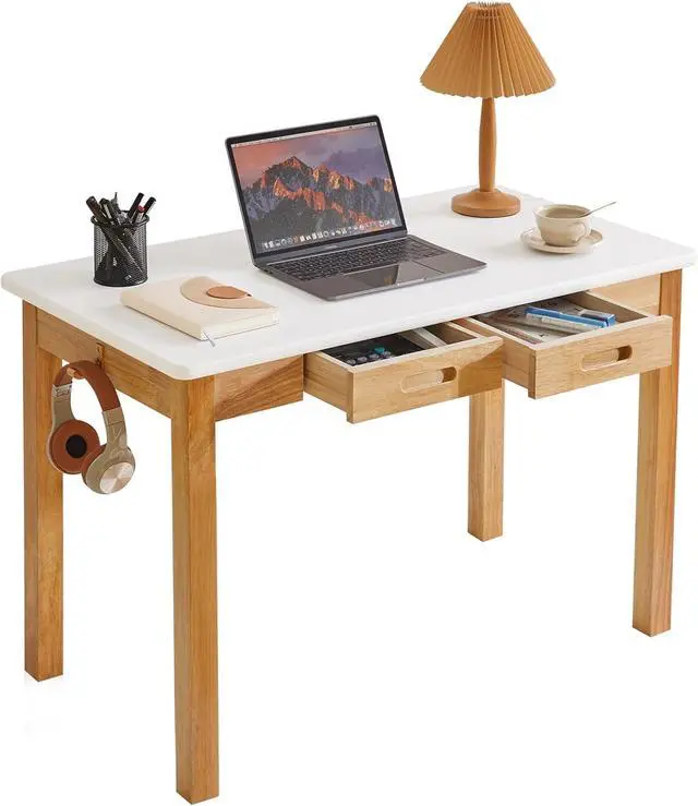 Main image of Small Computer Desk Table, Wood Writing Desk with Drawers and Hooks, 39x22x30inch Work Study Table, Wooden Dining Table White + Natural Wood Legs YD-WD02WN