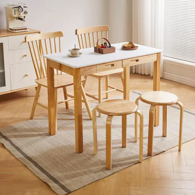 Alt view image 2 of 7 - Small Computer Desk Table, Wood Writing Desk with Drawers and Hooks, 39x22x30inch Work Study Table, Wooden Dining Table White + Natural Wood Legs YD-WD02WN