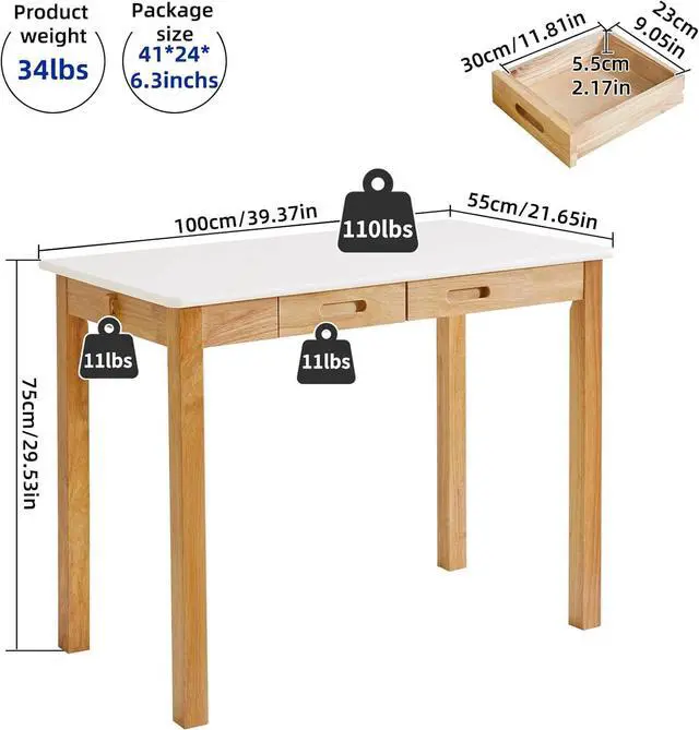 Alt view image 3 of 7 - Small Computer Desk Table, Wood Writing Desk with Drawers and Hooks, 39x22x30inch Work Study Table, Wooden Dining Table White + Natural Wood Legs YD-WD02WN