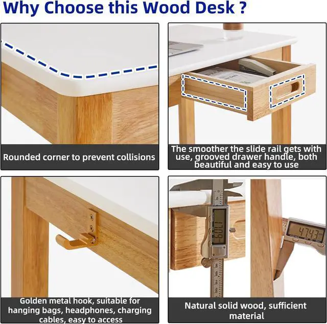 Alt view image 4 of 7 - Small Computer Desk Table, Wood Writing Desk with Drawers and Hooks, 39x22x30inch Work Study Table, Wooden Dining Table White + Natural Wood Legs YD-WD02WN