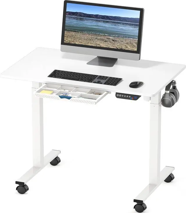 Main image of SHW 40-Inch Mobile Electric Height Adjustable Sit to Stand Desk with Drawer, Hanging Hooks and Cable Management, White