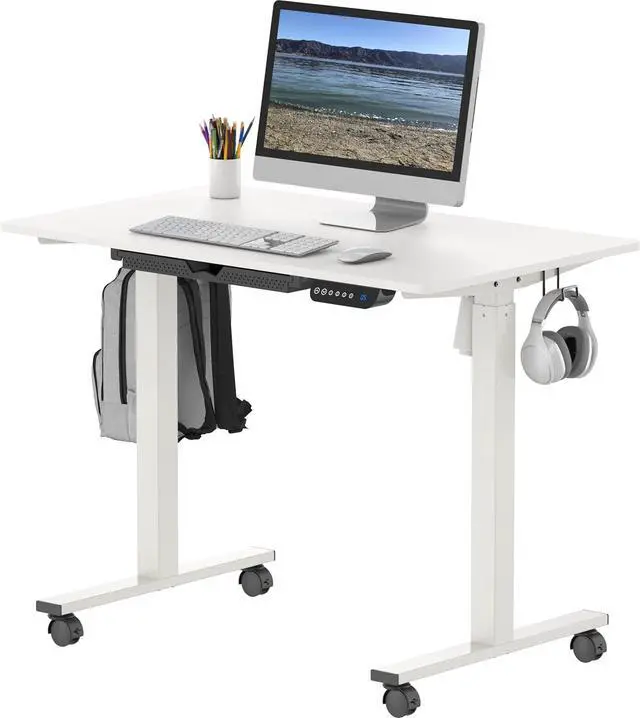 Alt view image 6 of 7 - SHW 40-Inch Mobile Electric Height Adjustable Sit to Stand Desk with Drawer, Hanging Hooks and Cable Management, White