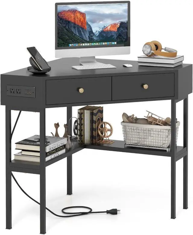 Main image of Tangkula Corner Desk with 2 Drawers & Built-in Charging Station, 90 Degrees Triangle Corner Computer Desk for Small Space, Bedroom Makeup Vanity Desk with Storage Shelves, Corner Desk (Black)
