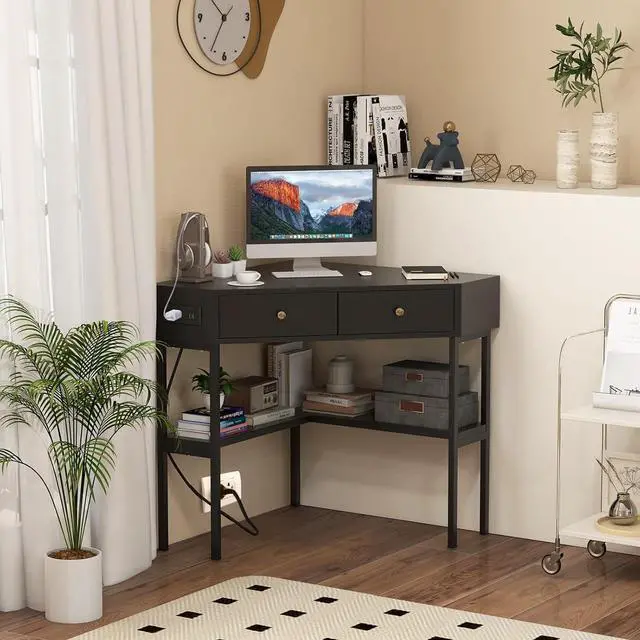 Alt view image 2 of 7 - Tangkula Corner Desk with 2 Drawers & Built-in Charging Station, 90 Degrees Triangle Corner Computer Desk for Small Space, Bedroom Makeup Vanity Desk with Storage Shelves, Corner Desk (Black)