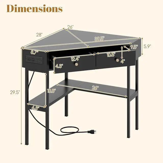 Alt view image 3 of 7 - Tangkula Corner Desk with 2 Drawers & Built-in Charging Station, 90 Degrees Triangle Corner Computer Desk for Small Space, Bedroom Makeup Vanity Desk with Storage Shelves, Corner Desk (Black)