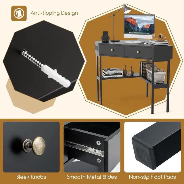 Alt view image 6 of 7 - Tangkula Corner Desk with 2 Drawers & Built-in Charging Station, 90 Degrees Triangle Corner Computer Desk for Small Space, Bedroom Makeup Vanity Desk with Storage Shelves, Corner Desk (Black)
