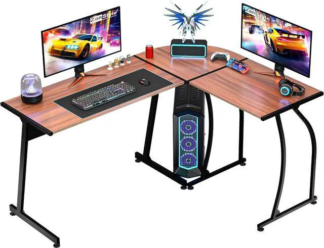 Main image of ZenStyle 55" L-Shaped Corner Computer Desk - Sturdy Steel Frame & Waterproof Surface, Walnut Wood Grain Design for Home Office, Gaming & Multipurpose Workstation