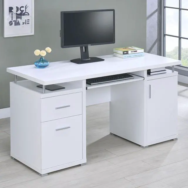 Alt view image 2 of 7 - Coaster Home Furnishings Tracy Modern Contemporary 55-Inch 2-Drawer Home Office Computer Writing Desk Study Table with File Cabinet Storage Engineered Wood Eco-Friendly Laminate White 800108