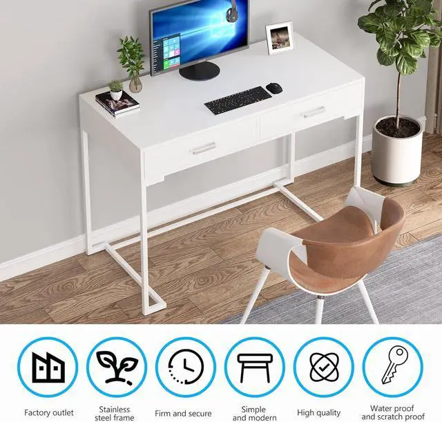 Alt view image 7 of 7 - Tribesigns Computer Desk with Drawers for Small Spaces, 39" White Home Office Desks Study Writing Desk for Bedrooms, Home Office, Living Room