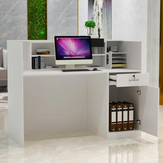 Alt view image 3 of 7 - Homsee Modern Reception Desk Counter with Hutch, Adjustable Storage Cube, Lockable Drawer & 1 Door Cabinet, Office Wooden Computer Desk Reception Table, White and Black