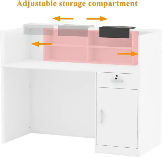 Alt view image 4 of 7 - Homsee Modern Reception Desk Counter with Hutch, Adjustable Storage Cube, Lockable Drawer & 1 Door Cabinet, Office Wooden Computer Desk Reception Table, White and Black