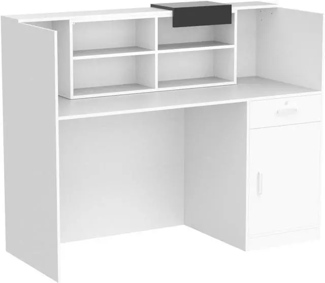 Alt view image 5 of 7 - Homsee Modern Reception Desk Counter with Hutch, Adjustable Storage Cube, Lockable Drawer & 1 Door Cabinet, Office Wooden Computer Desk Reception Table, White and Black