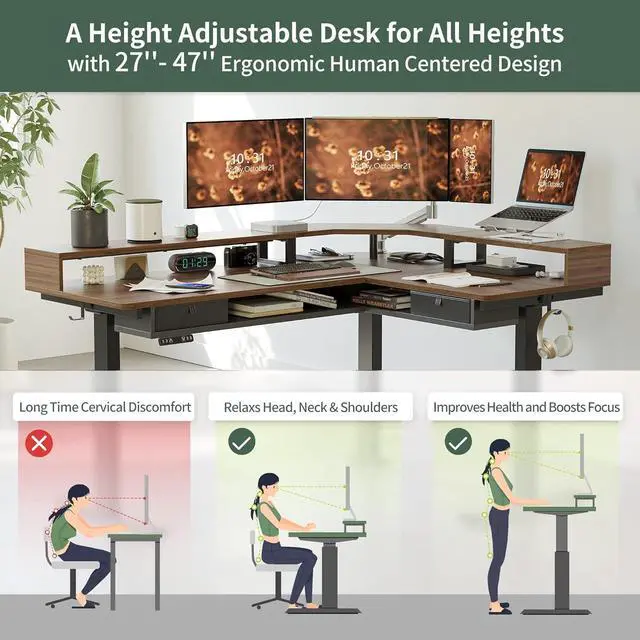 Alt view image 2 of 7 - FEZIBO L Shaped Standing Desk with LED Strip & 2 Drawers, Triple Motors Supports Over 300lbs, Upper and Lower Storage Shelves Available, Electric Height Adjustable, for Home Office, Black Walnut