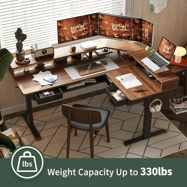 Alt view image 4 of 7 - FEZIBO L Shaped Standing Desk with LED Strip & 2 Drawers, Triple Motors Supports Over 300lbs, Upper and Lower Storage Shelves Available, Electric Height Adjustable, for Home Office, Black Walnut