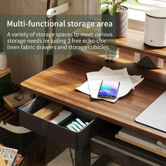Alt view image 7 of 7 - FEZIBO L Shaped Standing Desk with LED Strip & 2 Drawers, Triple Motors Supports Over 300lbs, Upper and Lower Storage Shelves Available, Electric Height Adjustable, for Home Office, Black Walnut
