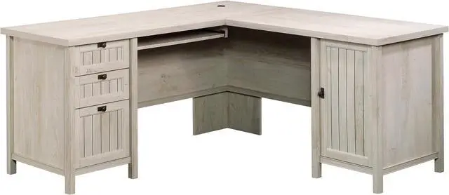 Main image of Sauder Costa L-Shaped Desk, Chalked Chestnut, Home Office with Storage & Keyboard Tray
