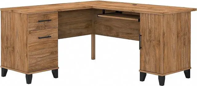 Main image of Bush Furniture Somerset L-Shaped Desk with Storage | Study Table with Drawers in Fresh Walnut | Home Office Computer Desk with Cabinets and Pullout Keyboard/Laptop Tray