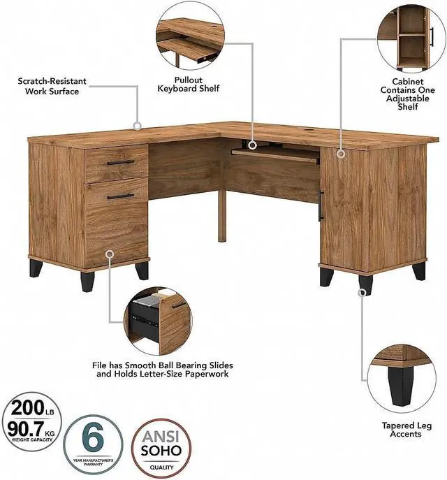 Alt view image 4 of 7 - Bush Furniture Somerset L-Shaped Desk with Storage | Study Table with Drawers in Fresh Walnut | Home Office Computer Desk with Cabinets and Pullout Keyboard/Laptop Tray