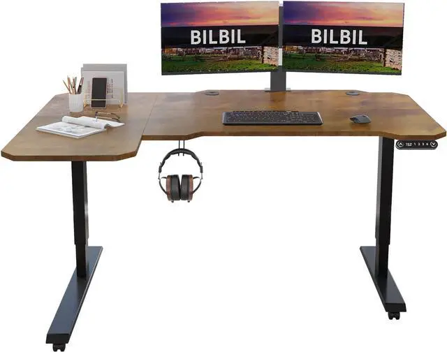 Main image of bilbil L-Shaped Electric Height Adjustable Standing Desk 59 Inches, Stand Up Rising Table for Home Office with Splice Board, Black Frame and Rustic Brown Top