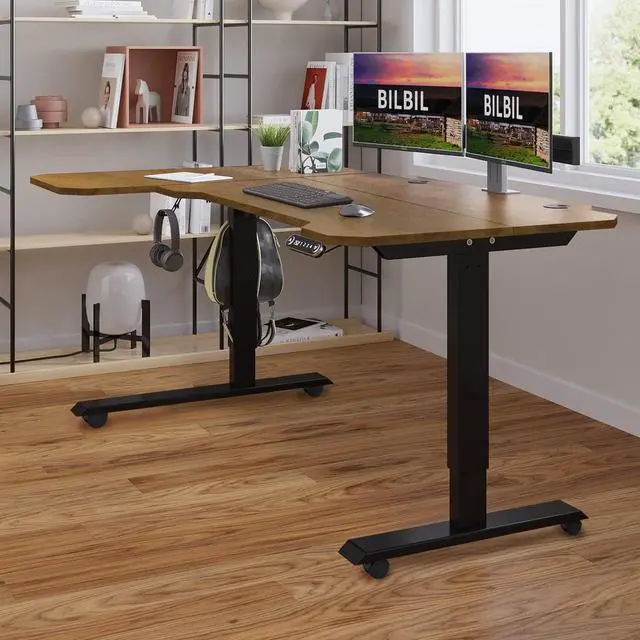 Alt view image 2 of 7 - bilbil L-Shaped Electric Height Adjustable Standing Desk 59 Inches, Stand Up Rising Table for Home Office with Splice Board, Black Frame and Rustic Brown Top
