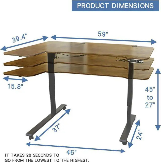 Alt view image 3 of 7 - bilbil L-Shaped Electric Height Adjustable Standing Desk 59 Inches, Stand Up Rising Table for Home Office with Splice Board, Black Frame and Rustic Brown Top