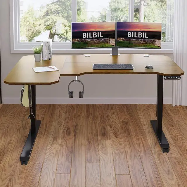 Alt view image 7 of 7 - bilbil L-Shaped Electric Height Adjustable Standing Desk 59 Inches, Stand Up Rising Table for Home Office with Splice Board, Black Frame and Rustic Brown Top