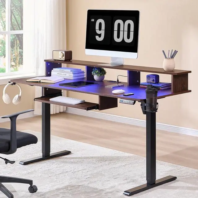 Main image of OKD 60" Electric Standing Desk Adjustable Height, Sit Stand Up Desk with Keyboard Tray, Power Outlets, LED Lights & Monitor Shelf - Ergonomic Desks for Home Office, Work & Gaming, Dark Walnut