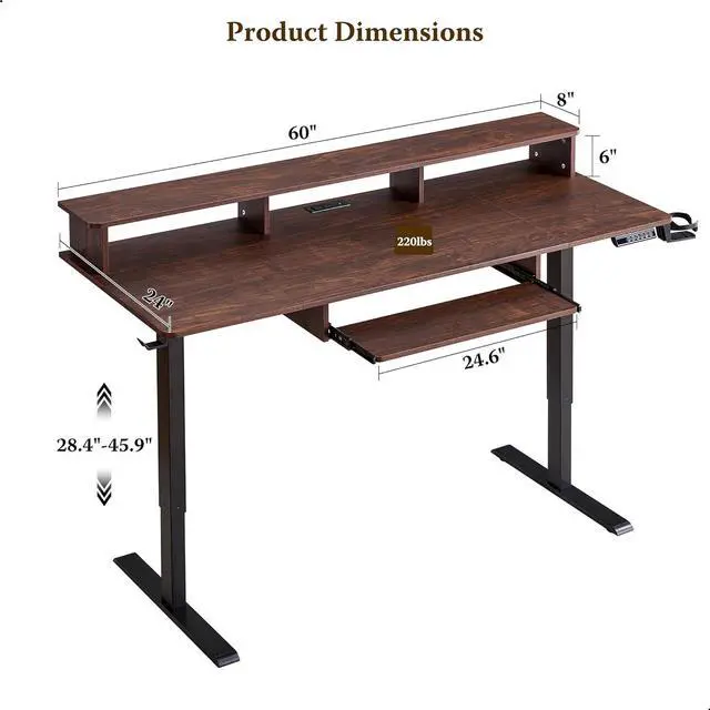 Alt view image 2 of 7 - OKD 60" Electric Standing Desk Adjustable Height, Sit Stand Up Desk with Keyboard Tray, Power Outlets, LED Lights & Monitor Shelf - Ergonomic Desks for Home Office, Work & Gaming, Dark Walnut