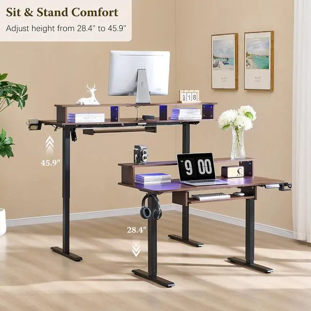 Alt view image 3 of 7 - OKD 60" Electric Standing Desk Adjustable Height, Sit Stand Up Desk with Keyboard Tray, Power Outlets, LED Lights & Monitor Shelf - Ergonomic Desks for Home Office, Work & Gaming, Dark Walnut