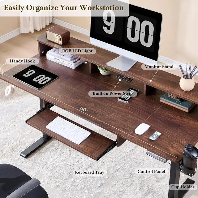 Alt view image 4 of 7 - OKD 60" Electric Standing Desk Adjustable Height, Sit Stand Up Desk with Keyboard Tray, Power Outlets, LED Lights & Monitor Shelf - Ergonomic Desks for Home Office, Work & Gaming, Dark Walnut
