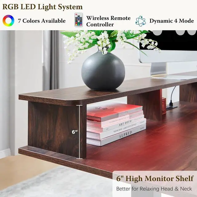 Alt view image 5 of 7 - OKD 60" Electric Standing Desk Adjustable Height, Sit Stand Up Desk with Keyboard Tray, Power Outlets, LED Lights & Monitor Shelf - Ergonomic Desks for Home Office, Work & Gaming, Dark Walnut