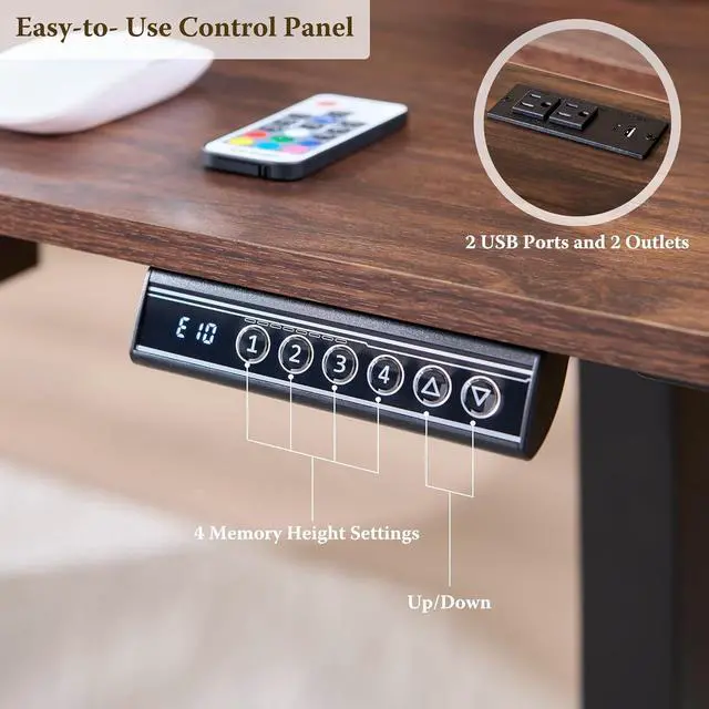 Alt view image 6 of 7 - OKD 60" Electric Standing Desk Adjustable Height, Sit Stand Up Desk with Keyboard Tray, Power Outlets, LED Lights & Monitor Shelf - Ergonomic Desks for Home Office, Work & Gaming, Dark Walnut