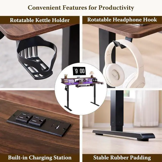 Alt view image 7 of 7 - OKD 60" Electric Standing Desk Adjustable Height, Sit Stand Up Desk with Keyboard Tray, Power Outlets, LED Lights & Monitor Shelf - Ergonomic Desks for Home Office, Work & Gaming, Dark Walnut