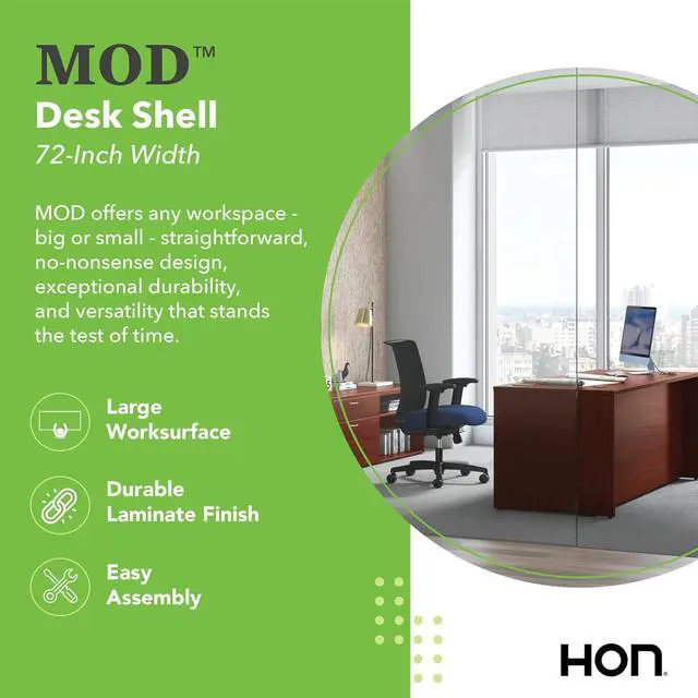 Alt view image 3 of 4 - HON MOD Executive Desk 72-Inch Large Computer Desk Shell, Thick Wooden Laminate, Modern Table with Cord Management, 72" W x 30" D x 29" H, Traditional Mahogany