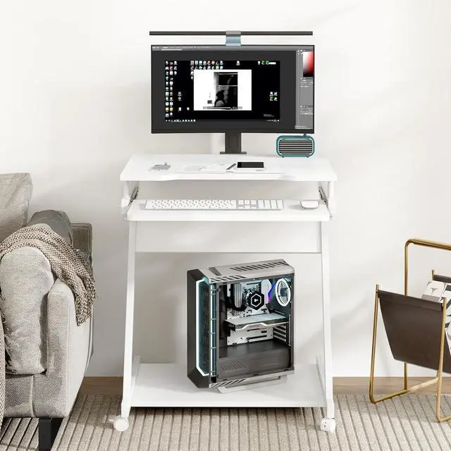 Alt view image 4 of 7 - Need Rolling Computer Desk Mobile Desk Laptop Stand Desk with Sliding Keyboard for Home Office,23.6 Inches White DX-8110WT-ND