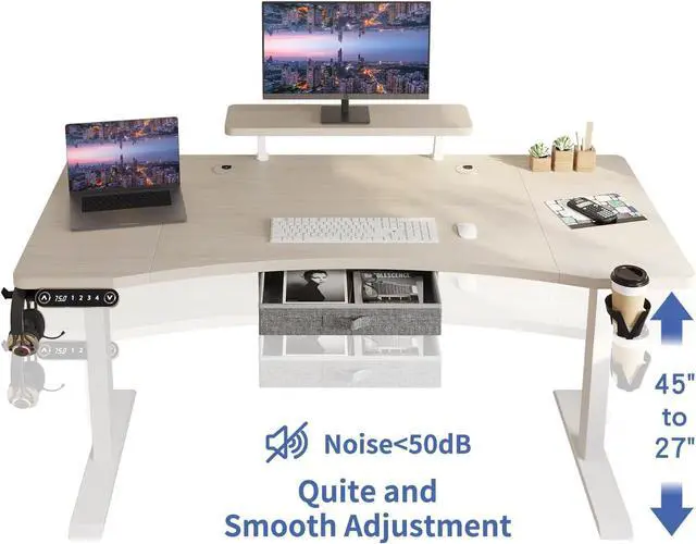 Alt view image 3 of 7 - Dual Motor Standing Desk with Drawer, 63x30 Inches Electric Height Adjustable Sit Stand Up Desk with Storage Shelf, Home Office Desk Computer Workstation with White Pearwood Top/White Frame