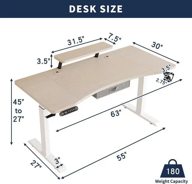 Alt view image 2 of 7 - Dual Motor Standing Desk with Drawer, 63x30 Inches Electric Height Adjustable Sit Stand Up Desk with Storage Shelf, Home Office Desk Computer Workstation with White Pearwood Top/White Frame