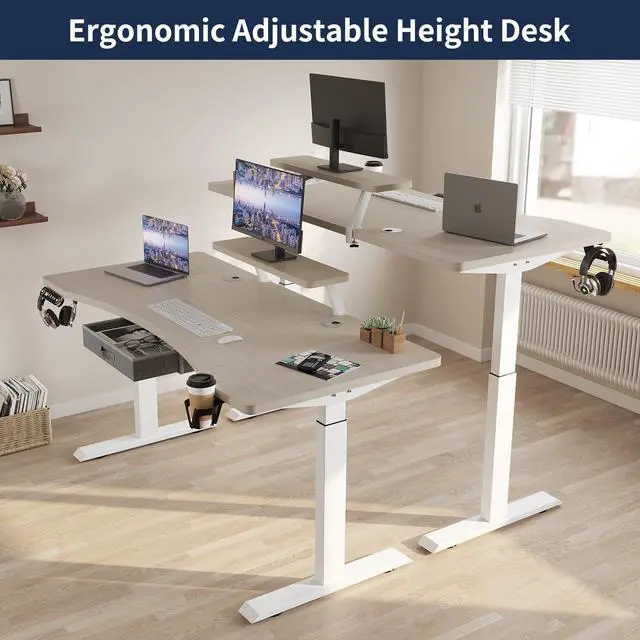 Alt view image 4 of 7 - Dual Motor Standing Desk with Drawer, 63x30 Inches Electric Height Adjustable Sit Stand Up Desk with Storage Shelf, Home Office Desk Computer Workstation with White Pearwood Top/White Frame