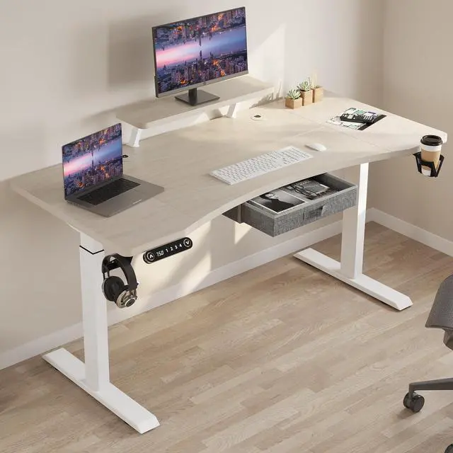 Main image of Dual Motor Standing Desk with Drawer, 63x30 Inches Electric Height Adjustable Sit Stand Up Desk with Storage Shelf, Home Office Desk Computer Workstation with White Pearwood Top/White Frame