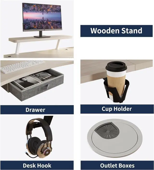 Alt view image 5 of 7 - Dual Motor Standing Desk with Drawer, 63x30 Inches Electric Height Adjustable Sit Stand Up Desk with Storage Shelf, Home Office Desk Computer Workstation with White Pearwood Top/White Frame