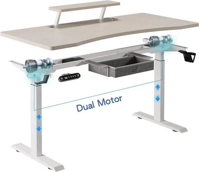 Alt view image 6 of 7 - Dual Motor Standing Desk with Drawer, 63x30 Inches Electric Height Adjustable Sit Stand Up Desk with Storage Shelf, Home Office Desk Computer Workstation with White Pearwood Top/White Frame