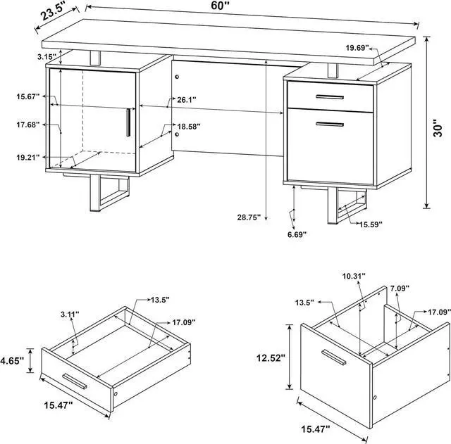 Alt view image 3 of 7 - Coaster Home Furnishings - Lawtey - Engineered Wood - 60-Inch Computer Desk with File Cabinet and Standage Drawers, Metal Frame, Contemporary Style - Home Office - Cappuccino - 801521